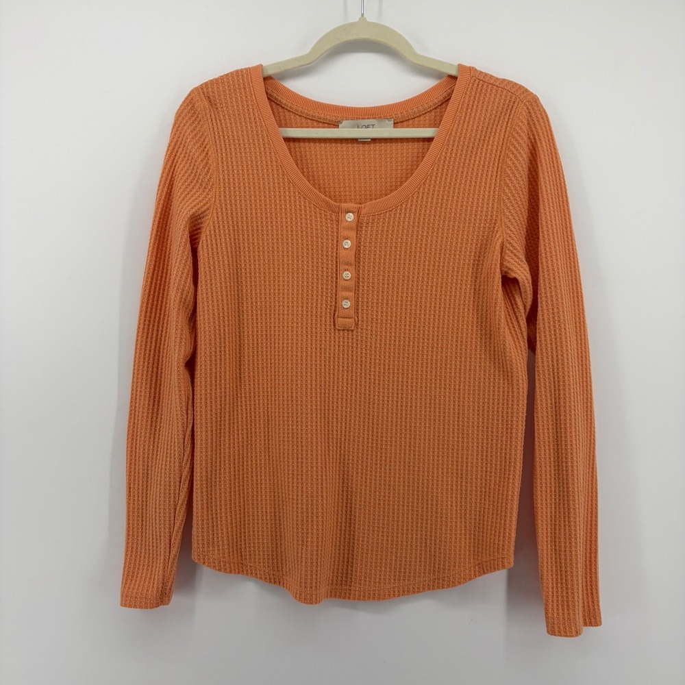 LOFT Womens Medium Orange Top Henley Waffle Knit Long Sleeve‎ Thermal Scoop Neck
